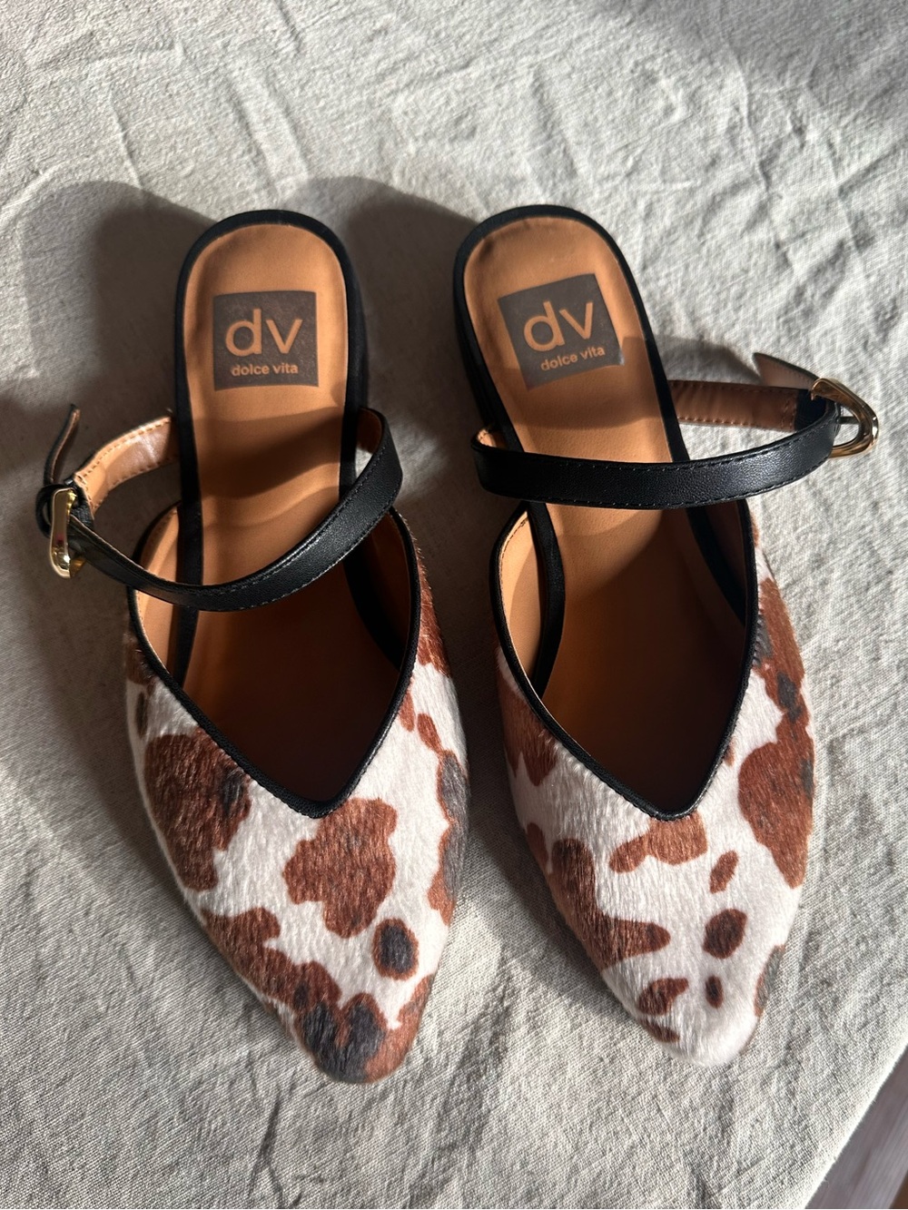 Dolce Vita Brown Cow-Print Pointed Toe Mule Flats